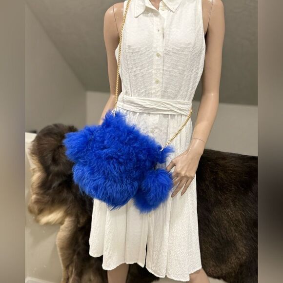 Multi Style Use Handmade Real Shearling Drawstring Bucket Bag with 4 Fur Balls - Picture 13 of 17